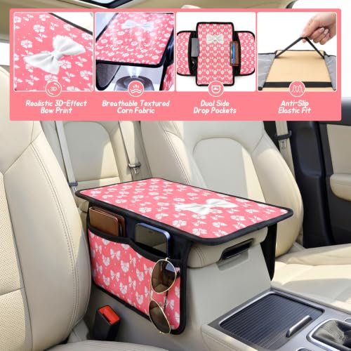 Pink Bow Car Center Console Armrest Cover with 2 Side Pockets (Bows-Whitek&Pink)