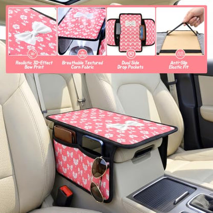 Pink Bow Car Center Console Armrest Cover with 2 Side Pockets (Bows-Whitek&Pink)