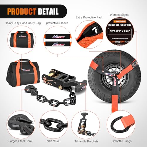 2" x 96" Lasso Style Car Tie Down Straps with Chain Hook Anchors (4Pcs 2in x 96in Wheel Straps)