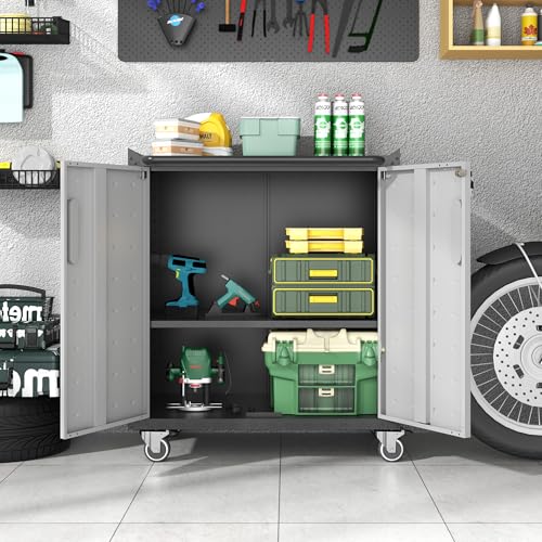 Metal Storage Cabinet for Garage (Black & Gray / M - 2 Doors (Wheeled))
