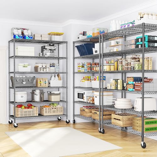 Heavy Duty 6 Tier Rolling Storage Shelves with Wheels for Garage (82"H X 45"W X 18"D-Black)