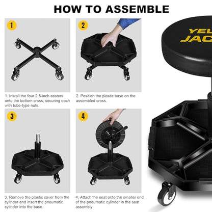 Pneumatic Shop Creeper Seat Adjustable Mechanic Stool with Wheels 300Lbs and Removable Tool Tray Storage Workshop Chair for Auto Repair (Black and Yellow)