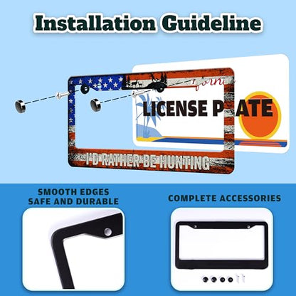 I'd Rather Be Hunting USA Flag License Plate Frame Stainless Steel 6X12 in (I'D Rather Be Hunting)