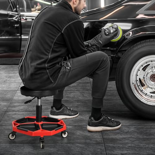 Adjustable Mechanics Stool with Wheels (Red)