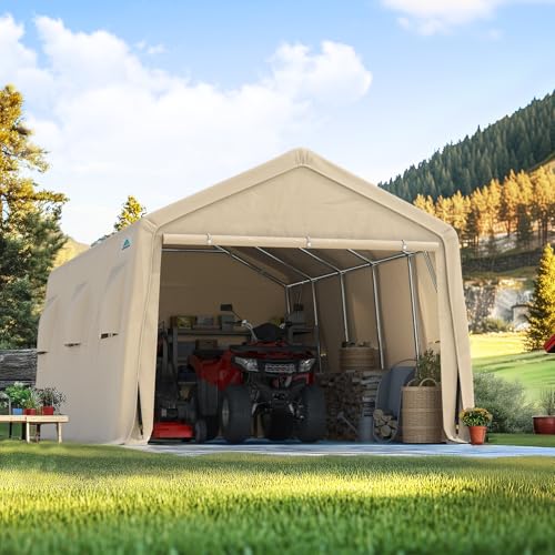 13x20 ft Carport 2 Roll up Doors & Vents Outdoor Portable Storage Shelter Garage Tent for Vehicle Boat Truck Anti (Beige / 13'x20')