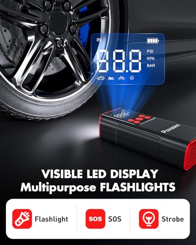 Tire Inflator Portable Air Compressor Povasee 150PSI Portable Air Pump for Tires Cordless Car Tire Inflator with LCD Display (A8-NEW)