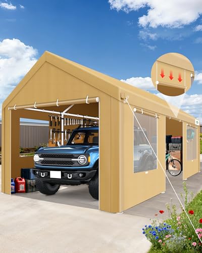 Carport 12x20ft Heavy Duty Portable Garage (Khaki / 12'x20'(+4 Wall))