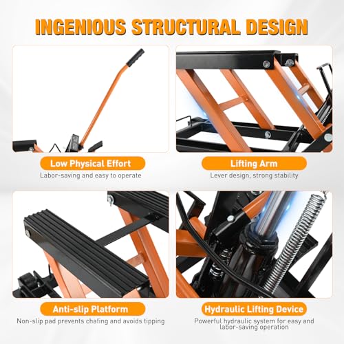 Motorcycle Lift Jack 1500 LBS Hydraulic Lifts ATV Scissor Jacks with Wheel Foot Pedal Handle Ratchet Belt Heavy Duty Lifter Stand Hoist Table for Dirt Bike Garage Storage Repair Tool (Orange Hydraulic w Wheels)