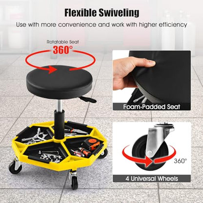 Rolling Mechanic Stool with Removable Tool Tray & Padded Cushion (Bottom Tool Tray / Yellow)