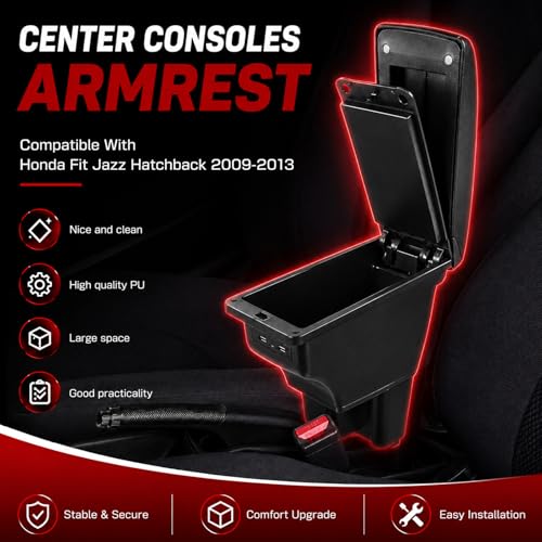 Car Armrest Box Compatible with Honda Fit Jazz Hatchback 2009 (with USB Ports)