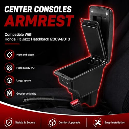 Car Armrest Box Compatible with Honda Fit Jazz Hatchback 2009 (with USB Ports)