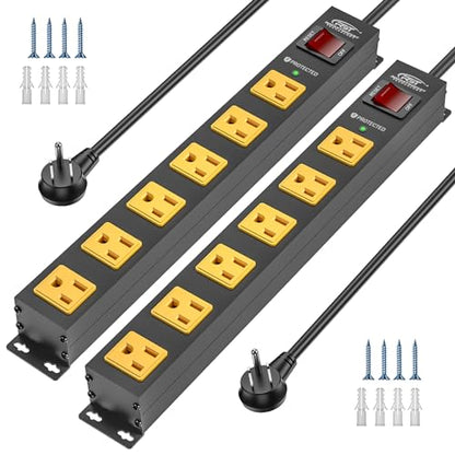 6 Outlet Heavy Duty Metal Power Strip with Switch 15A (Black+Yellow-6 Outlet-6 FT / 2PK)