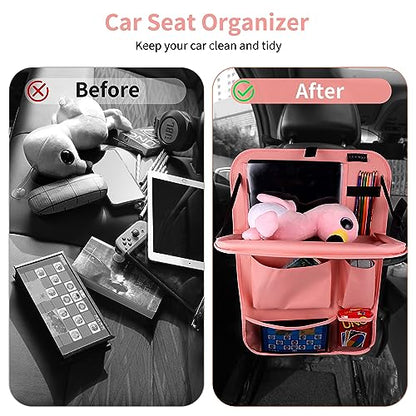 Car Backseat Organizer with Foldable Tablet Holder (Pink-3 / 2 Pack with Food Tray)