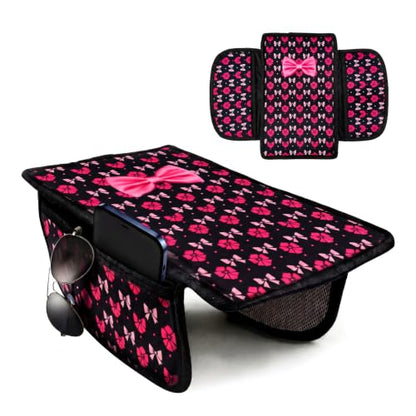 Pink Bow Car Center Console Armrest Cover with 2 Side Pockets (Bows-Black&Pink)