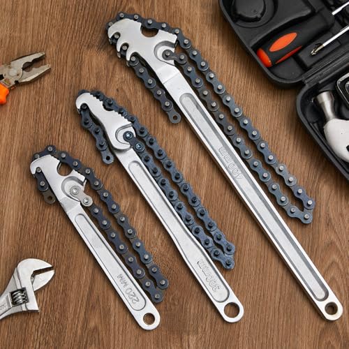 3 Pcs Large Reversible Chain Oil Filter Wrench with 12 16 9 Inch Chain Wrench Adjustable Heavy Duty Carbon Steel Sturdy Pipe Fitting Tool Spanner for Ratcheting Universal (Silver)