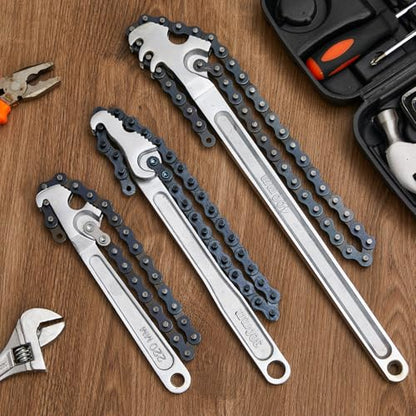 3 Pcs Large Reversible Chain Oil Filter Wrench with 12 16 9 Inch Chain Wrench Adjustable Heavy Duty Carbon Steel Sturdy Pipe Fitting Tool Spanner for Ratcheting Universal (Silver)