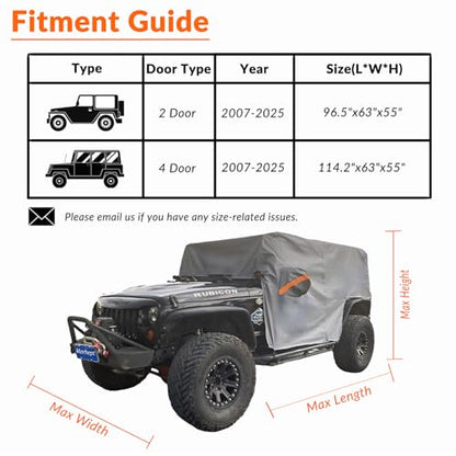 Waterproof Cab Cover for Jeep Wrangler JK JL 4 Door (Grey / Fit for Jeep Wrangler 4 Door)