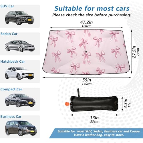 Windshield Sun Shade Umbrella Pink Bows Printed Foldable Car Front Window Sunshade Blocks UV Rays Heat Keep Vehicle Cool 55"x27.5" (multi 21)