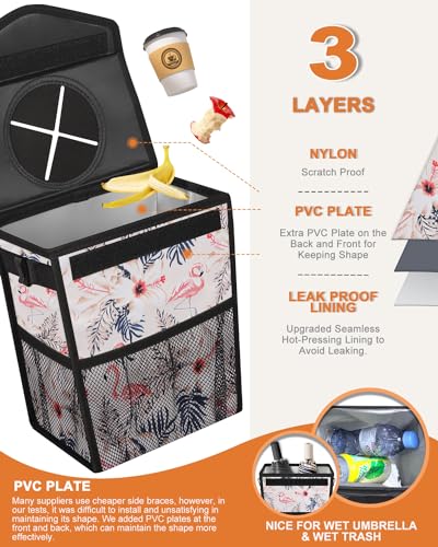 Car Trash Can with Lid Leakproof Car Garbage Bag Vehicle Trash Bin (2 Gallons / Flamingo Print)