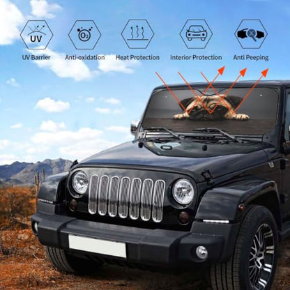 Pug Dog Car Windshield Sunshade Front Window Sun Visor Protector Foldable Shield Cover for Truck SUV (Black14 / Small)