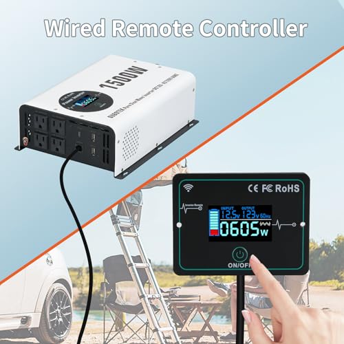 1500W Pure Sine Wave Power Inverter 12V to 120V AC (1500W-Wireless / 12V)