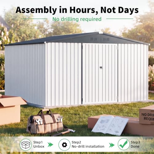 12' x 12' Large Waterproof Metal Outdoor Storage Shed (WHITE / 12x12)