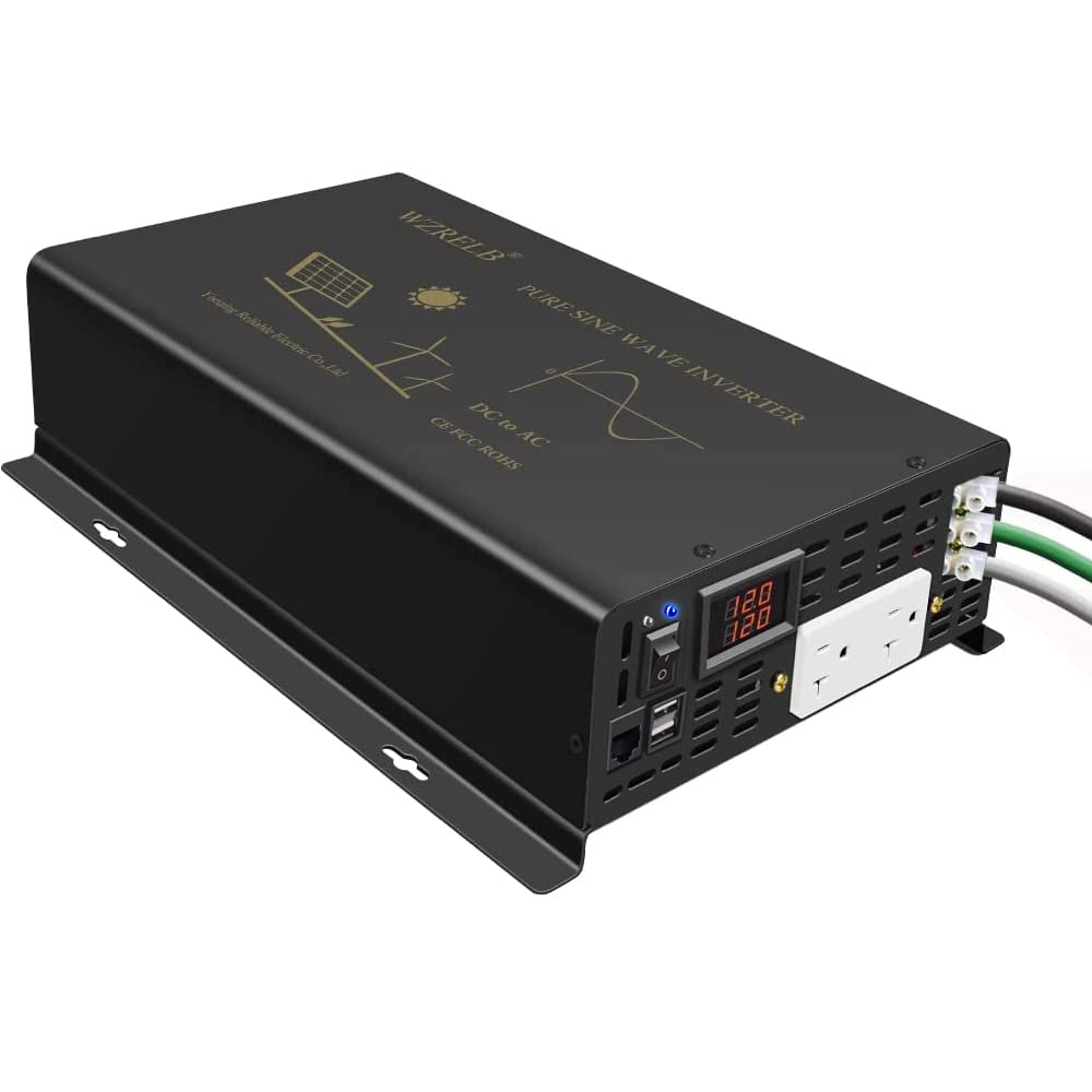 Pure Sine Wave Power Inverter 3000W 12VDC to 120VAC 6000W Peak Dual AC Outlets &2× 2.4A USB Port &Hardwire Terminal with 16ft Remote Conrtol Off (3000W12V)