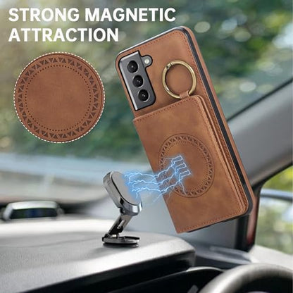 Compatible with Samsung Galaxy S21 5G 6.2 inch Wallet Case and Screen Protector Crossbody Shoulder Strap Ring Buckle Stand Card Holder Magnetic Car Mount Phone Cover for S 21 21S G5 Women Men Brown (Brown / for S21)