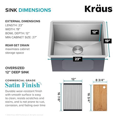 Kore 23 Inch Undermount Workstation Single Bowl 16 Gauge Deep Laundry Utility Stainless Steel Kitchen Sink with Accessories (Stainless Steel / 23 inch / Laundry Sink)