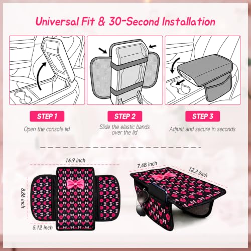 Pink Bow Car Center Console Armrest Cover with 2 Side Pockets (Bows-Black&Pink)