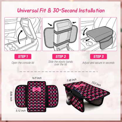 Pink Bow Car Center Console Armrest Cover with 2 Side Pockets (Bows-Black&Pink)