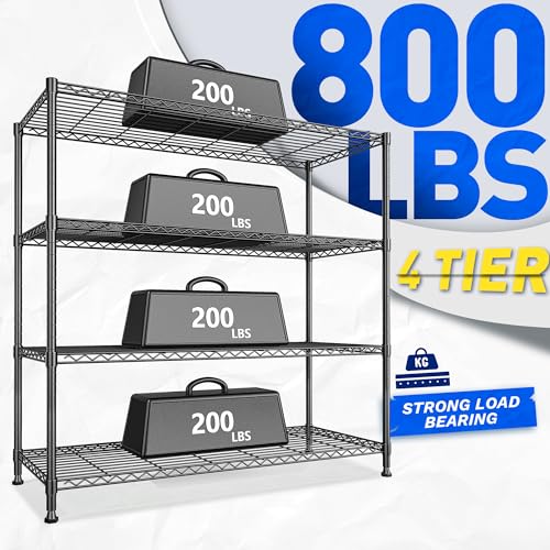 Extra-Wide 4-Tier 800LBS Storage Rack, Adjustable Shelves, Black (45" W x 59.4" H x 13.5" D)