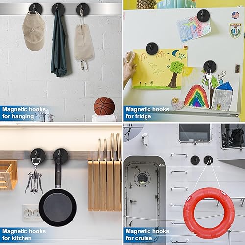 Magnetic Hooks for Cruise Cabins 170LBS Heavy Duty Magnet Hook 12P (Black / 1.41in)