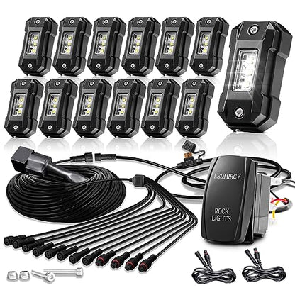 Rock Lights LEDMIRCY R4 Pure White Rock Lights with Wire Harness for Trucks (White / 12Pods Rocker)
