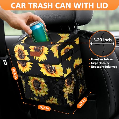 Car Trash Can with Lid Leak Proof Car Accessories for Women (2.2 Gallons / Sunflower)