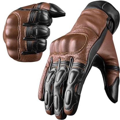 Leather Motorcycle Motorbike Knuckle Protection Powersports Gloves (Black/Brown / Medium)