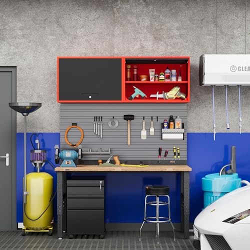 Metal Storage Cabinet Black Red Wall Cabinets with Shelf and Locking Door (15.7"D x 31.5"W x 21.6"H / Black&red)