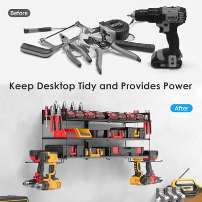 Large Garage Tools Storage with Charging Station. Power Tool Battery Organizer Utility Shelf with Power Strip. 4 Drills Holder Wall Mount Rack (Large / 3 Layer)