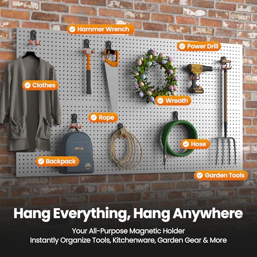 8 Pack Large Heavy Duty Magnetic Hook Extra Strong Magnetic Garage Hooks Big NdFeB Industrial Magnet Hooks Magnetic Utility Storage Holder Organization with Anti (1.6in Magnet-8 Pack-Orange)