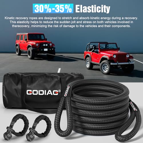 1" x30ft Kinetic Recovery Rope 46.5K lbs with 2 Soft Shackles Black (Black / 1"×30ft + 2 Soft Shackles)