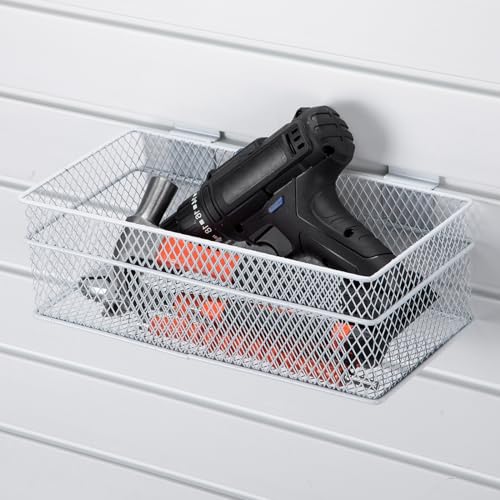 4 Pcs Slatwall Basket Set Ventilated Metal Slatwall Basket Hanging Wire Bins Wall Mounted Accessories for Panel Garage Storage Display Organizing (Assorted Sizes / White)