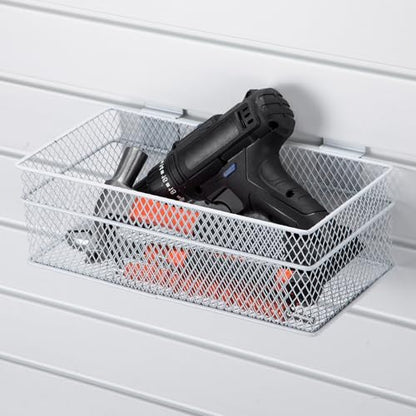 4 Pcs Slatwall Basket Set Ventilated Metal Slatwall Basket Hanging Wire Bins Wall Mounted Accessories for Panel Garage Storage Display Organizing (Assorted Sizes / White)