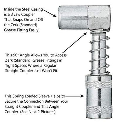 90 Degree Grease Coupler Snaps on to Grease Fittings in Tight Spaces (Standard Zerk Inlet)
