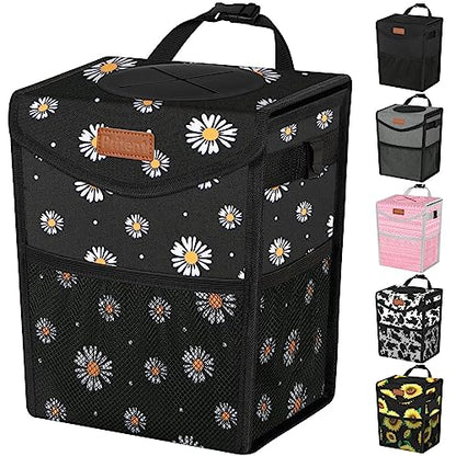Car Trash Can with Lid Leakproof Car Garbage Bag Vehicle Trash Bin (2 Gallons / Black Flower)