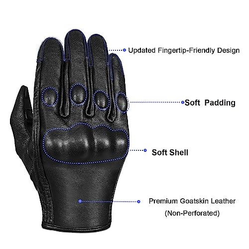 Full Finger Goat Skin Leather Touch Screen Motorcycle Gloves Men (Non-Perforated / X-Large)