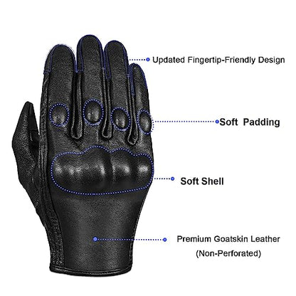 Full Finger Goat Skin Leather Touch Screen Motorcycle Gloves Men (Non-Perforated / X-Large)