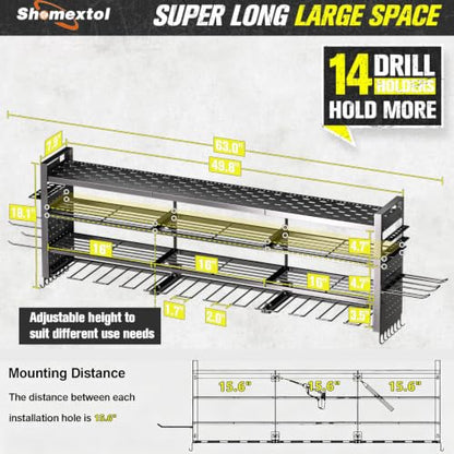 49.8" Power Tool Organizer Wall Mount (Black / 14 Drills Holder-4 Layers)