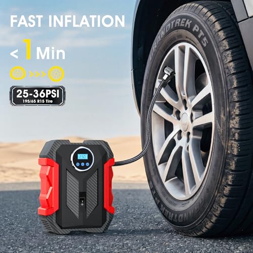 Digital Air Compressor for Car Auto Pump Portable Tire Inflator with LED Light DC 12V (Red)