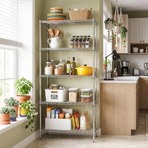 5 Tier Wire Shelf with Wheels (Chrome / 14"D x 30"W x 60"H)