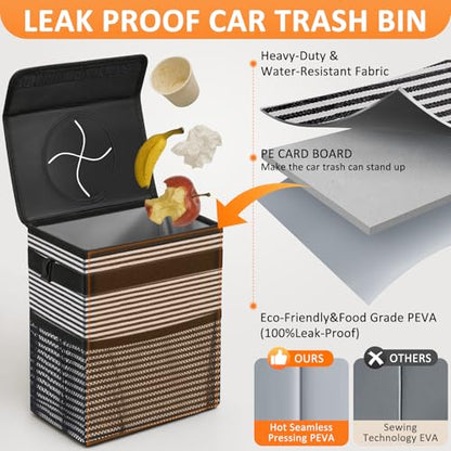 Car Trash Can with Lid Leak Proof Car Accessories for Women (3 Gallons / Stripe)